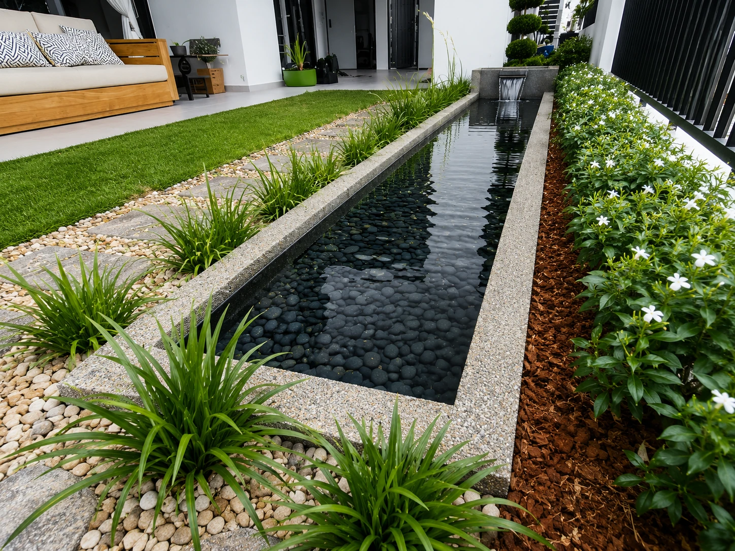 Residential water feature integrated into the landscape